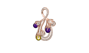 Élégante breloque en forme de branche de fleur en or rose, pierres précieuses en forme de goutte d'eau violettes et jaunes avec pavé de cristaux, bijoux raffinés pour femmes - Product Image 3
