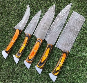 UMAR FAROOQ CUTLERY KITCHEN WARE <b>Set</b> of 5 Damascus Kitchen <b>Knives</b>, Custom Full Tang Yellow Pakka Wood Handle with Leather Roll - Product Image 1