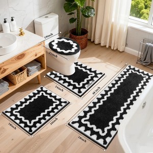 Modern Geometric Cotton Bath <b>Mat</b> <b>Set</b> 3-Piece Rectangle Non-Slip Rubber Backed Thick Tufted Black White Home Use - Product Image 2