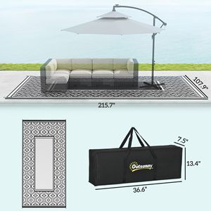 Tapis d'extérieur réversible 9FT X 18FT en paille plastique imperméable avec sac de transport, bordure gourde noir et blanc - Product Image 3