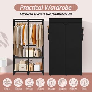 Armadio Portatile Nero di Facile e Veloce Montaggio con 2 Aste Appendiabiti, 4 Ripiani e 8 Tasche Laterali - Product Image 4