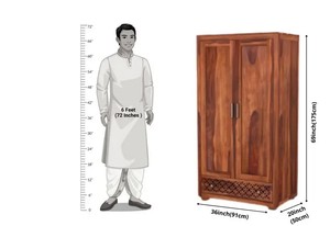 Solid Wood 2-Door Wardrobe with Lattice Carving | Traditional Wooden Closet with Internal Drawers | Jodhpur Export - Product Image 3