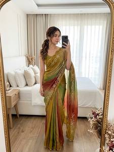 Sari Rangoli Crush con estampado a mano y hermosa bordeada con pedrería Dana Khatli, con bordado Khatli y blusa sin coser hecha a mano. - Product Image 5