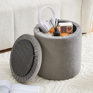 Pouf Multifunzionale Rotondo in Velluto, Poggiapiedi, Tavolino da Caffè, Sgabello per Trucco e Accessori - Product Image 5