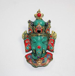Placa Decorativa de Pared con Máscara de Ganesha de Resina, Estilo Tibetano Nepalí |   Estatua de Ganesha Vintage con Mosaico de Piedra |   Artesanía Religiosa Tradicional - Product Image 6
