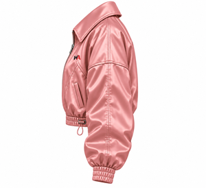 Veste Courte Rose en Satin pour Femme, Col Évasé, Poignets Élastiques, Ourlet à Boutons, Vêtement d'Extérieur, Fournisseur Personnalisé en Gros pour Marques Privées - Product Image 3