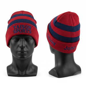 Premium 320 GSM Acrylic Rib Knit Rugby Beanie Maroon White Stripe Custom Embroidery Logo <b>Winter</b> <b>Cap</b> - Product Image 4