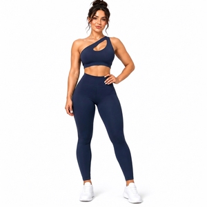 <b>Navy</b> Solid Color Women Asymmetric Sports Bra <b>Leggings</b> Set High Waist Workout Gym Yoga Activewear Yoga Set - Product Image 1