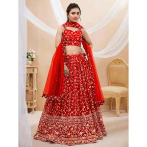 Red Embroidered Georgette <b>Wedding</b> Lehenga Choli - Product Image 1