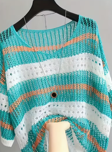 Plus Size Women's <b>Patchwork</b> Anti-Wrinkle O-Neck Pullover Short Sleeve 100% Cotton Casual Summer Knit Tee 380g Digital Printed - Product Image 6
