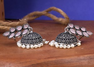 Designer Oxidized <b>Silver</b> Jhumka <b>Earrings</b> with Pink Crystal Stone | Handmade Jewelry Export Quality - Product Image 3