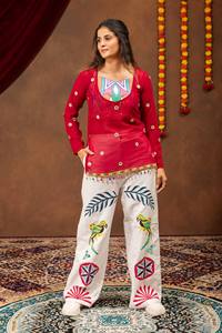 Women's Red Ethnic Cotton Digital <b>Printed</b> Embroidered <b>White</b> <b>Palazzo</b> Pants Loose Fit Casual Wear India Pakistan Style All Seasons - Product Image 5