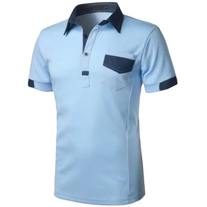 <b>Men's</b> Light Blue Short Sleeve <b>Polo</b> <b>Shirt</b> With <b>Pocket</b> Color Blocked Casual Woven Oxford Fabric Regular Fit - Product Image 1