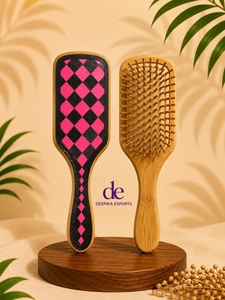 2026 New Design Handmade Hand Tooled Leather Wooden Hair Brush With Pink & Black Checkered Pattern Minimalist Design - Product Image 4
