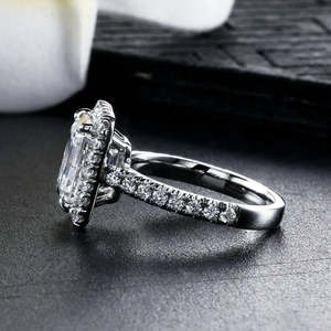 Premium <b>Emerald</b>-Cut Moissanite Halo Engagement <b>Ring</b> 925 Sterling <b>Silver</b> Prong Setting Elegant Bridal Band Rhodium Plated - Product Image 1