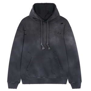 เสื้อฮู้ดดี้ผู้ชายสไตล์สตรีทแวร์ผ้าฝ้ายแบบวินเทจฟอกสี ลุคดิสเทรส ทรงโอเวอร์ไซส์ หนานุ่มบุซับใน ลายถักทอ - Product Image 1