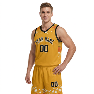 Maillot de basket-ball personnalisé sublimé jaune et noir en mesh, débardeur unisexe adulte respirant en polyester avec impression de logo sur le devant - Product Image 4
