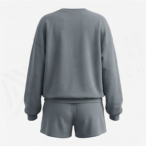 Conjunto de 2 Piezas para Mujer, Sudadera y Pantalones Cortos de Punto, Cuello Redondo, Corte Holgado, Color Sólido, Casual, para Todas las Temporadas, Largo por Encima de la Rodilla - Product Image 2