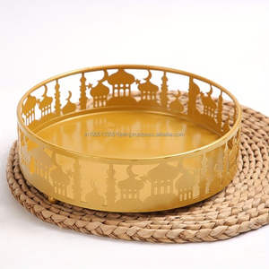 ชุดถาดตกแต่งเหล็กเคลือบทองคุณภาพสูง งานแฮนด์เมด สไตล์อาหรับ สำหรับเดือนรอมฎอน 3 ชิ้น ของตกแต่งโต๊ะสำหรับวันอีด - Product Image 5