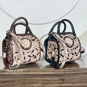 Premium Handcrafted <b>Tooled</b> Cow <b>Leather</b> Floral Design Duffel Bags Zipper Closure Mini Speedy Bag Crossbody Unisex Handbags - Product Image 1