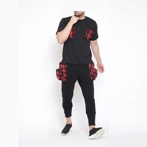 Men Black Red Buffalo Plaid Pocket Two Piece <b>Set</b> Short Sleeve Tee Cuffed Jogger Pants Cargo Utility Streetwear Casual <b>Set</b> - Product Image 4