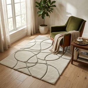 Tapis en laine fait main tufté ivoire sauge, motif abstrait pierre, tapis de luxe moderne sur mesure, décoration intérieure bio, fourni directement par l'usine - Product Image 6