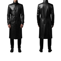 Manteau long en cuir véritable noir pour homme, col rabattu, fermeture éclair, détail bouton, style manches classiques