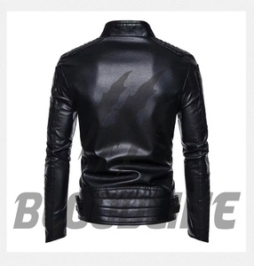 BLOODLINE Men's Black PU Leather Moto <b>Biker</b> <b>Jacket</b> Slim Fit Zipper Closure Stand Collar Autumn Wear - Product Image 3