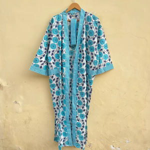 Bata Kimono de Algodón 100% Tejido con Estampado de Dibujos Animados para Mujer, Camisón de Verano Hecho a Mano, Cuello en V, Cintura Elástica, Largo Completo - Product Image 1