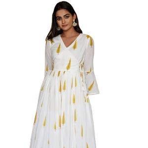 Traje Angrakha con estampado de ciprés amarillo de alta calidad, pantalones Kurti de seda con estilo indio para mujer, Salwar indio para adultos - Product Image 1