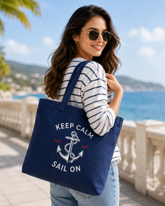 Sac fourre-tout en toile marine Keep Calm And Sail On, 40x37x13cm, sac de shopping style preppy - Product Image 4