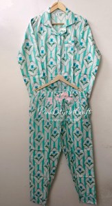 Handmade Cotton Pajama Set for Women Hand Block Print Long Sleeve Button <b>Down</b> Shirt and Matching Straight Leg Trousers - Product Image 2