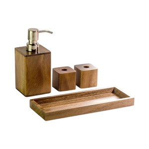 Eco-Friendly Bamboo Wooden Four-piece Elegant Bathroom Accessories <b>Set</b> Luxury Wood <b>Soap</b> Dispenser Toothbrush Holder Tray Hotel - Product Image 1