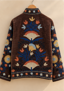 Thanksgiving Christmas Espresso Brown <b>Velvet</b> Reversible <b>Women</b> Suzani <b>Coat</b> Cream Flower Crewel Sustainable Jaipuri B2B Wholesale - Product Image 2