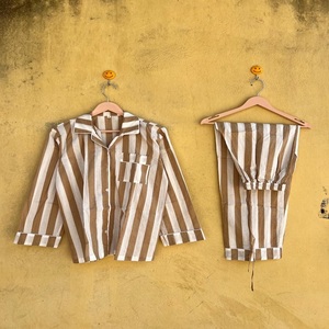 <b>Women</b> Striped Cotton Pajama Set <b>Long</b> Sleeve Turn-Down Collar Drawstring <b>Shorts</b> Casual Summer Sleepwear Woven Full Length Soft - Product Image 1