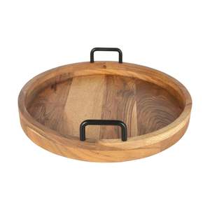 Plateau de service rond en bois de qualité supérieure, avec poignée en fer noir, décoratif, portable, écologique, idéal pour la restauration - Product Image 3