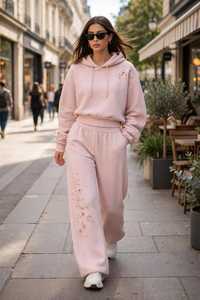 Women's <b>Pink</b> Hooded Tracksuit Set Floral Embroidery <b>Sweatshirt</b> Wide Leg Pants - Product Image 5