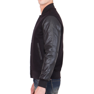 <b>Mens</b> All Black Varsity <b>Jacket</b> Black Leather Sleeves Letterman Bomber <b>Jacket</b> Casual Baseball Style Fashion Winter <b>Warm</b> Outerwear - Product Image 1