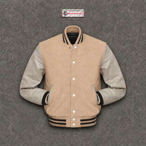 Veste universitaire en laine beige de qualité export, avec manches en cuir, col rabattu, coupe classique, pour la production en gros, par fabricant et fournisseur - Product Image 5
