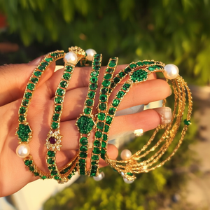 Green AD Jade Bangles 2x6-Trendy Cuff Charm Bracelets with Zircon and Pearl - Product Image 3