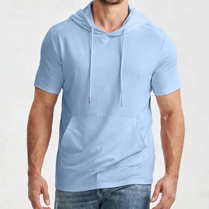 <b>Men's</b> Light Blue Hooded T-Shirt <b>Short</b> <b>Sleeve</b> Casual Solid Color Cotton Knitted Breathable Regular Fit Summer Wear - Product Image 1