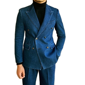 Blazer en denim bleu pour homme, coupe ajustée, veste décontractée à double boutonnage avec fermeture à boutons, coton tissé, couleur unie, style automne - Product Image 5