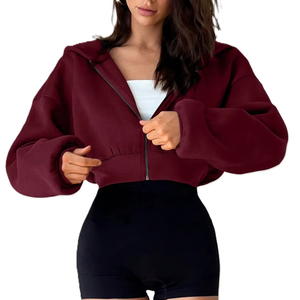 Women’s Decorative Rhinestone Cropped Hoodies Low MOQ Fashion USA Custom Hooded Zipper Knitted Polyester <b>Sparkly</b> Hotfix <b>Jacket</b> - Product Image 4