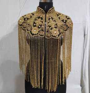 Cape d'épaule de créateur noire et dorée perlée avec longues franges, superposition formelle, vente en gros - Product Image 1