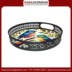 Elegante bandeja de servicio de hierro impresa en esmalte con asa para té, café, aperitivos y bebidas disponibles en varios diseños - Product Image 4