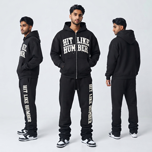 Conjunto Deportivo para Hombre con Cremallera Completa y Bordado, Sudadera con Capucha Oversize de Algodón Terry con Cremallera, Pantalones Deportivos Apilados de Forro Polar de 430 GSM - Product Image 1