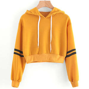 Sudadera Corta con Capucha para Mujer, Color Sólido, Manga Larga, Informal, Otoñal, Tejida, Amarilla, 100% Algodón, Transpirable - Product Image 2