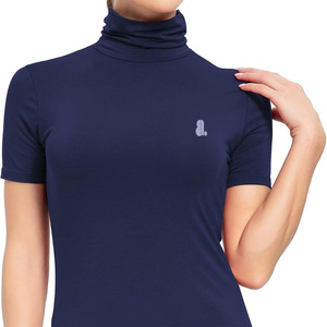 Haut décontracté à col roulé et manches courtes pour femme, en jersey uni, coupe régulière, respirant, en coton biologique non tissé 160g, avec logo, idéal pour l'été - Product Image 1