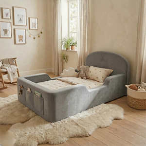 Lit bébé moderne pour enfants avec tissus en velours, structure entièrement en mousse, meubles de chambre à coucher - Product Image 1