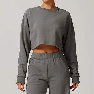 Sweat-shirt court noir à col rond pour femme, manches longues, tricoté, couleur unie, coupe oversize, idéal pour l'automne, 100 % coton - Product Image 6